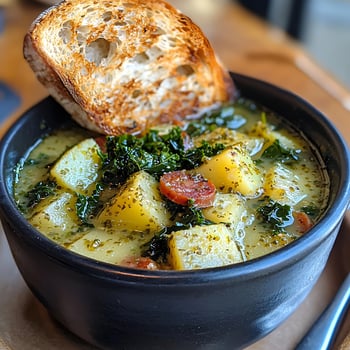Hearty Potato and Kale Soup with Toasted Bread Comfort Food photo