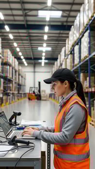Warehouse Worker Using Laptop, Barcode Scanners, Inventory Management, Logistics. photo