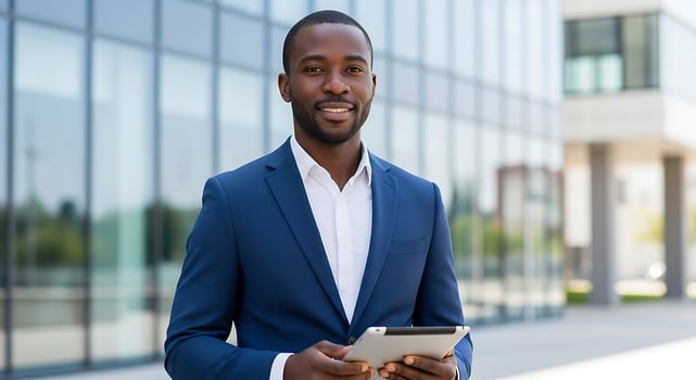 African American businessman holding a tablet computer outside modern office, Confident business leader using technology with a modern glass building background photo