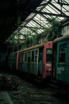 Overgrown train cars in abandoned station photo