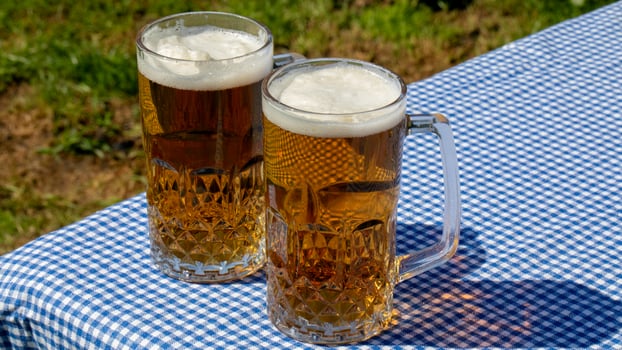 Foamy amber nectar in crystal mugs, Oktoberfest delight toasting summers end, Bavarian heritage, convivial gathering vibes photo