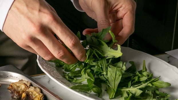 Chefs hands dance over vibrant arugula, evoking flavors of Festive Herb Day, culinary artistry in urban kitchenscape photo