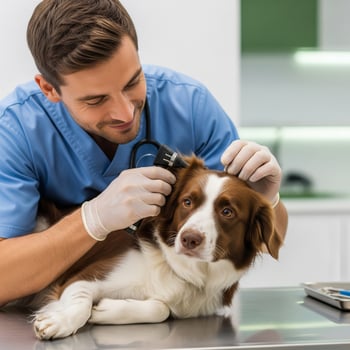 Caring Veterinarian Gently Examines a Calm Border Collie's Ear with an Otoscope photo