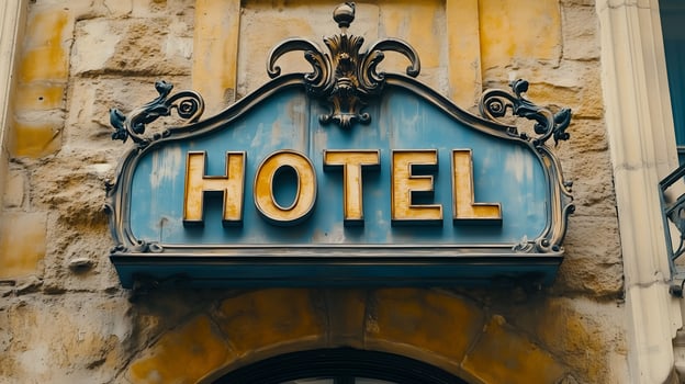 Close up of weathered vintage hotel sign showing charm of historical architecture and classic design photo