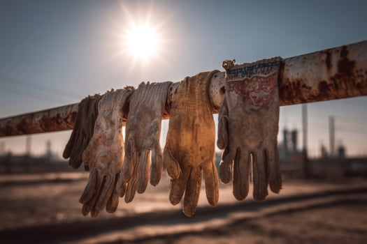 A pair of dirty gloves hanging on a pipe photo