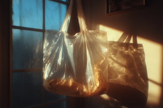 A plastic bag hanging from a window photo