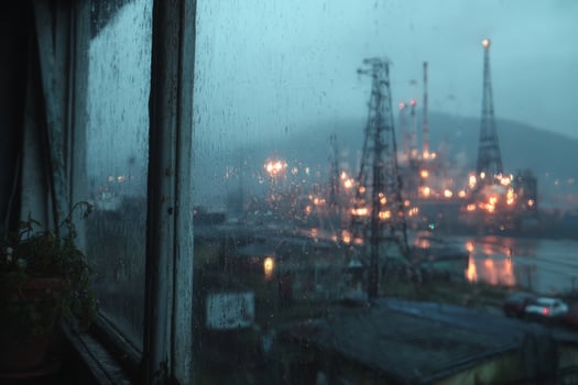 A view of an oil refinery from a window photo