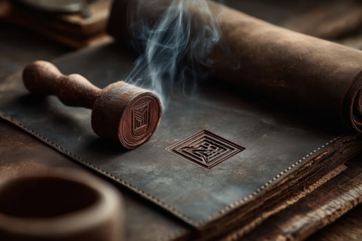 A leather stamp and a book with a wax seal photo