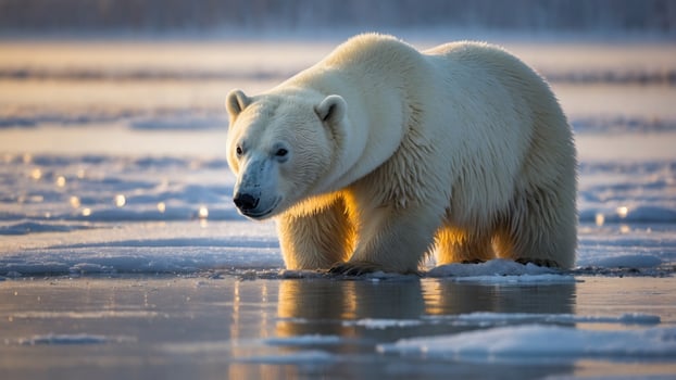 Majestic polar bear walking on icy landscape at sunrise, showcasing nature's beauty and wildlife photo