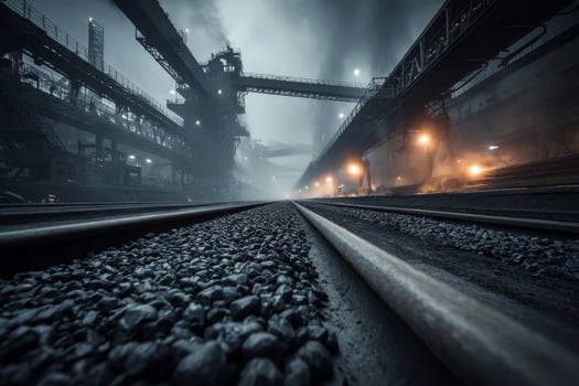 A dark photo of railroad tracks in a factory
