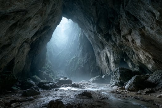A cave with a light coming from the entrance photo