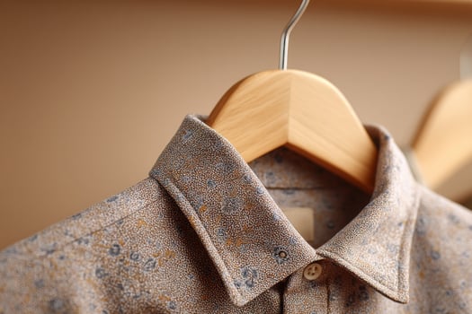 A shirt hanging on a hanger with a wooden hanger photo