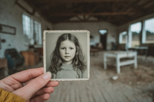 A person holding an old photo of a girl in an old house