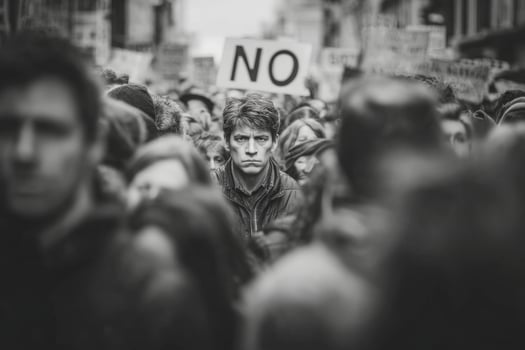 A man standing in a crowd with a sign that says no photo