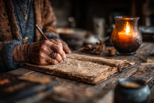 An old man writing on an old book photo