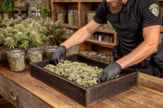 A man in black gloves and black shirt is sorting out marijuana photo