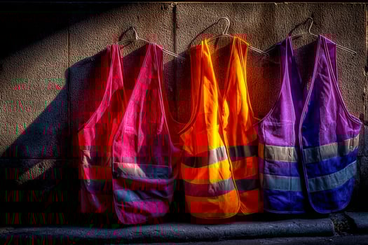 Three vests hanging on a wall photo