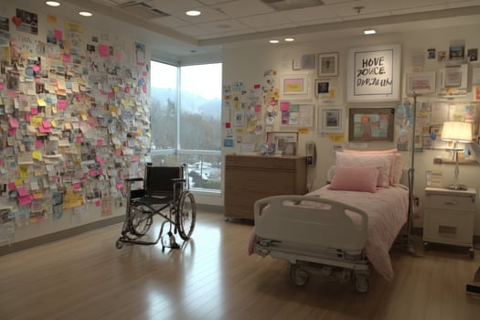 A hospital room with a bed, a wheelchair, and a wall covered with post-it notes photo