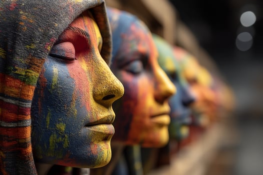 A row of colorful painted heads photo