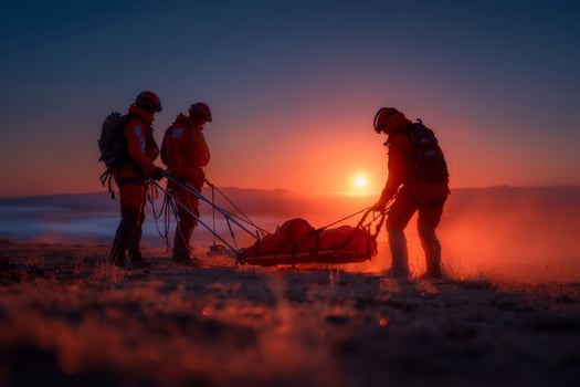 Three people with a stretcher on a hill at sunset photo