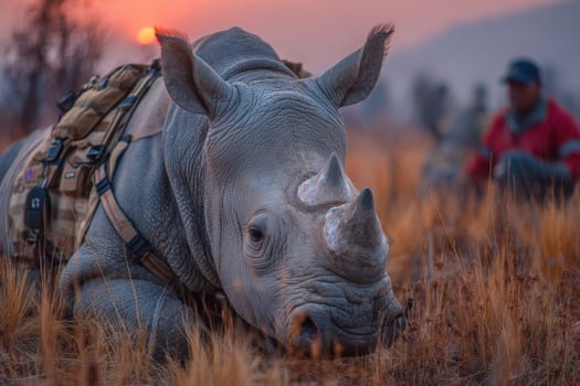 A rhino is laying in the grass with a man in the background photo