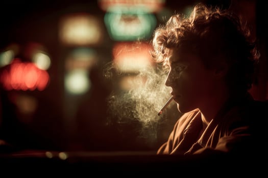 A man smoking a cigarette in front of neon lights photo