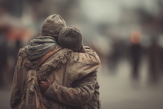 Two people hugging in the street photo