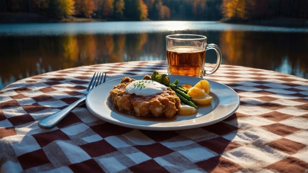 A plate of food with a beer on a table near a lake photo