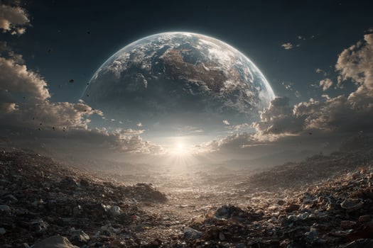 The earth is seen in the distance from a garbage pile photo
