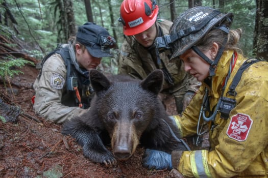 Three people in safety gear are examining a black bear photo