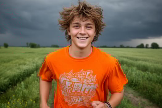 A boy in an orange shirt is smiling photo