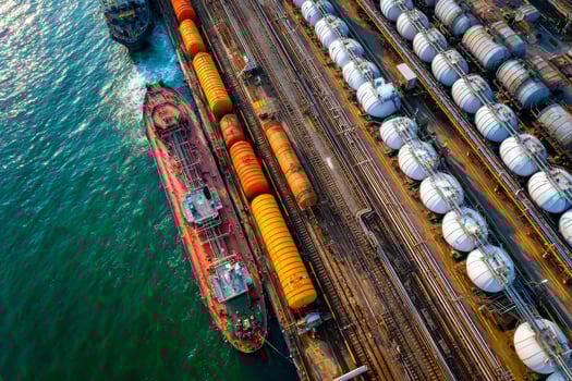 An aerial view of oil tankers in the water photo