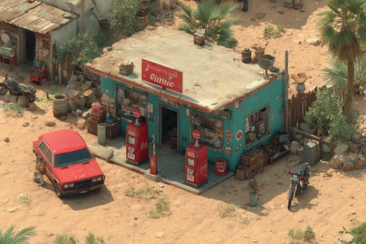 A small gas station with a red car parked in front photo