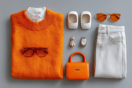 An orange sweater, sunglasses, purse and other accessories laid out on a gray background photo