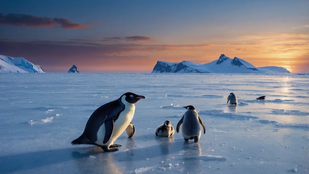 Group of penguins walking on icy landscape at sunset, showcasing nature's beauty and wildlife photo