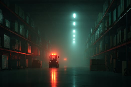 A warehouse with a forklift truck driving through it photo