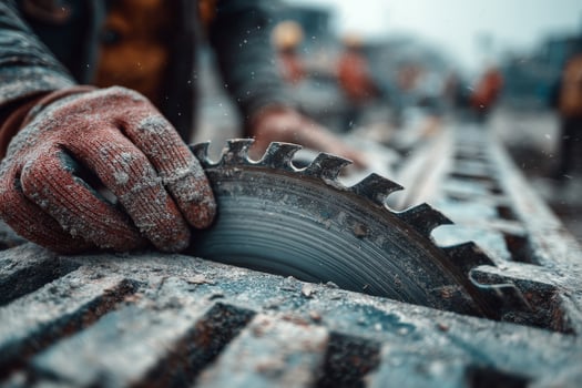 A worker is using a circular saw to cut a piece of wood photo