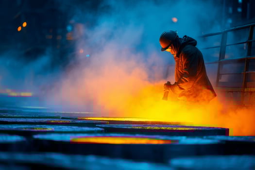 A worker in a factory with steel pipes photo