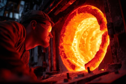A man is working on a furnace with a large red object photo