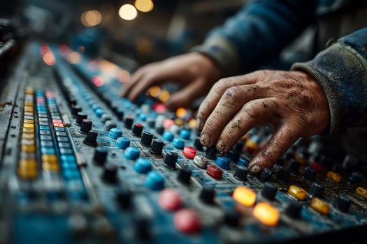 A man's hands on a mixing board photo