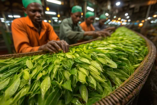 Workers sorting green tea leaves at a factory photo