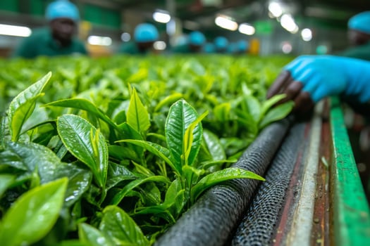 A worker picking tea leaves from a machine photo