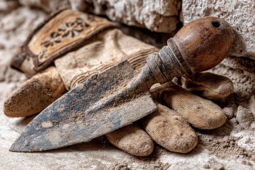 A pair of gloves and a knife laying on top of a brick wall photo