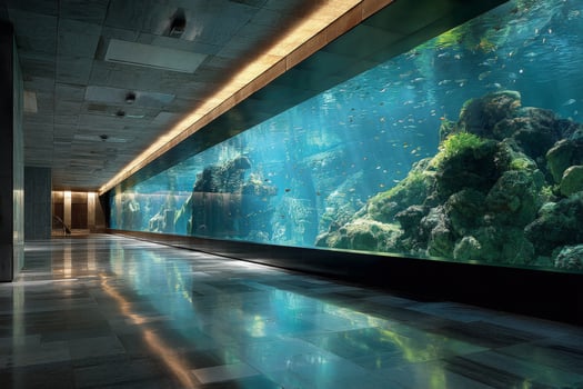 An aquarium in a large room with a large fish tank photo