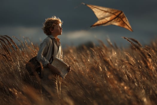A boy in a field with a kite photo