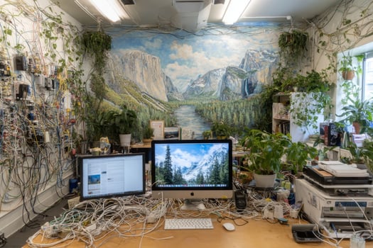A desk with plants and wires on it photo