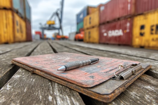 A clipboard with a pen sitting on top of a wooden dock photo