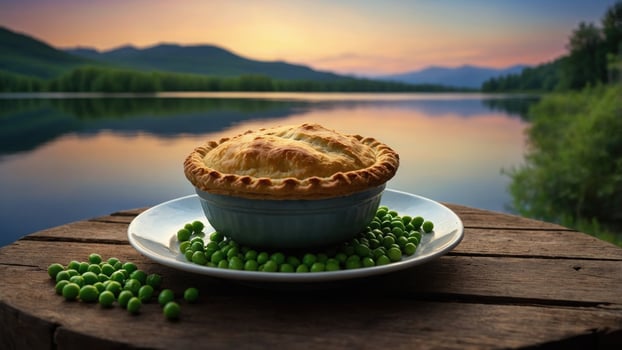 A pie sits on a plate with peas and a lake in the background photo