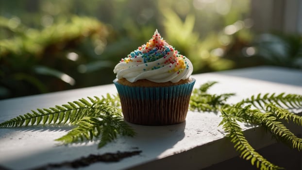 A cupcake with white frosting and sprinkles on top photo
