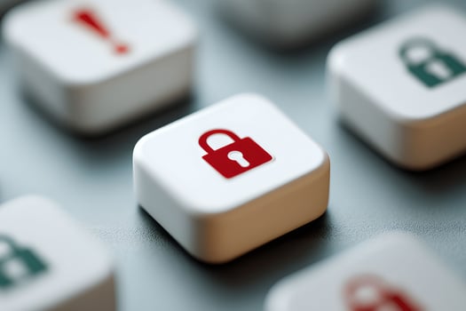 A close up of several white and red colored cubes with a padlock on them photo